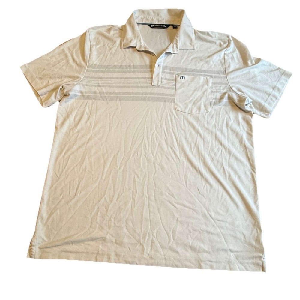 Travis Mathew Polo Shirt Mens XL White Striped Short Sleeve Regular Fit Golf - Picture 2 of 7